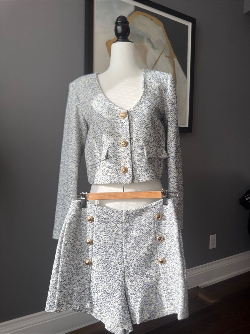 Zara Light Gray Tweed Skirt Set with Gold Buttons